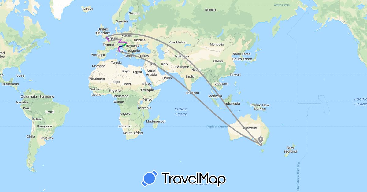 TravelMap itinerary: driving, bus, plane, train in Austria, Australia, Czech Republic, Germany, France, United Kingdom, Croatia, Hungary, Italy (Europe, Oceania)